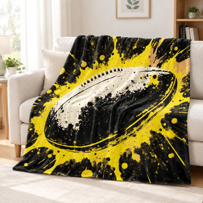 American Football Flannel Throw Blanket - Dynamic Splash Art, Black, White and Yellow, Vivid Design, Cozy Comfort, Lightweight, Breathable, All-Season Use, Skin-Friendly, Machine Washable, Decorative Accent, for Sofa, Couch, Living Room Bedroom