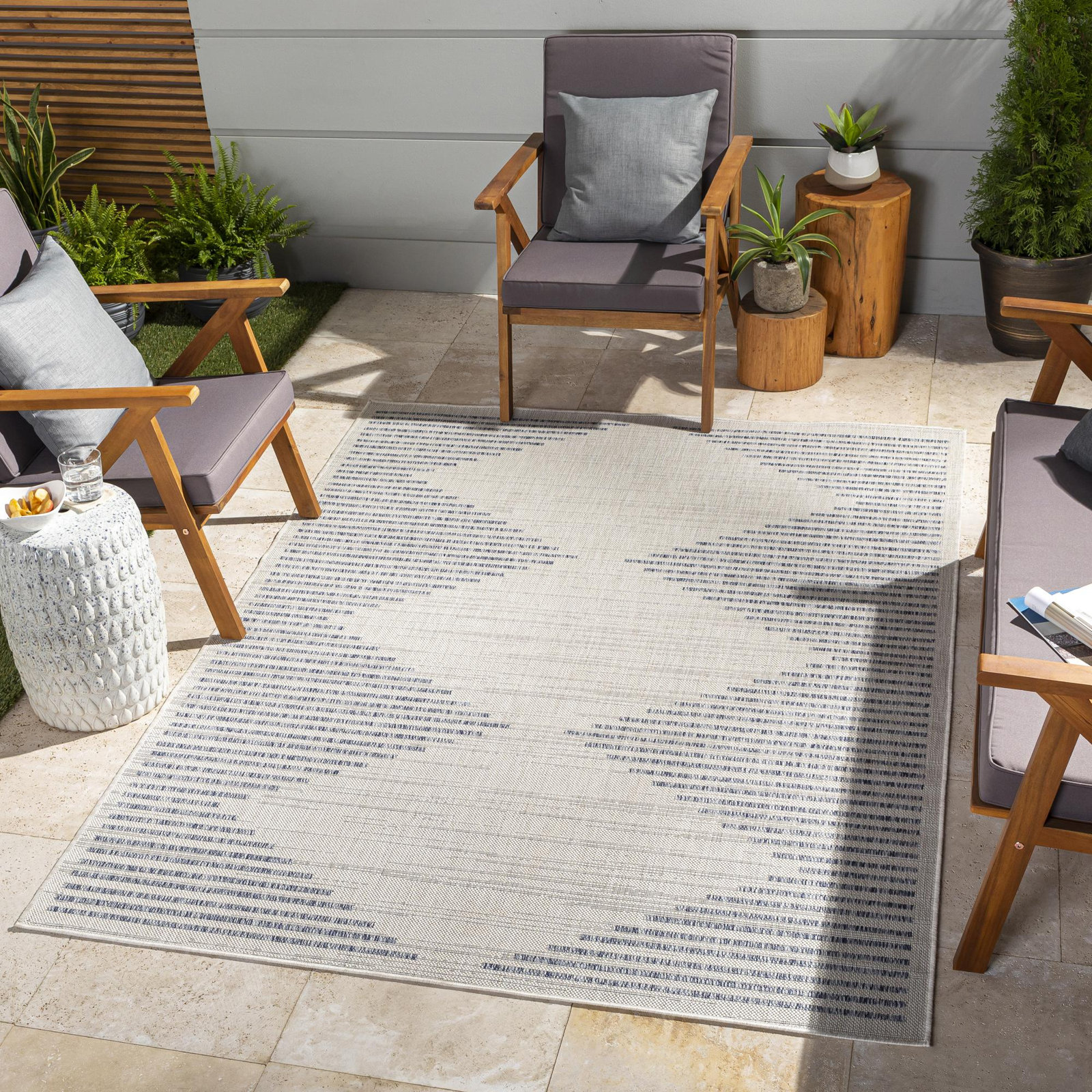 Calliah Striped Polypropylene Area Rug in Blue/Cream, Rectangle 7'10" x 10'