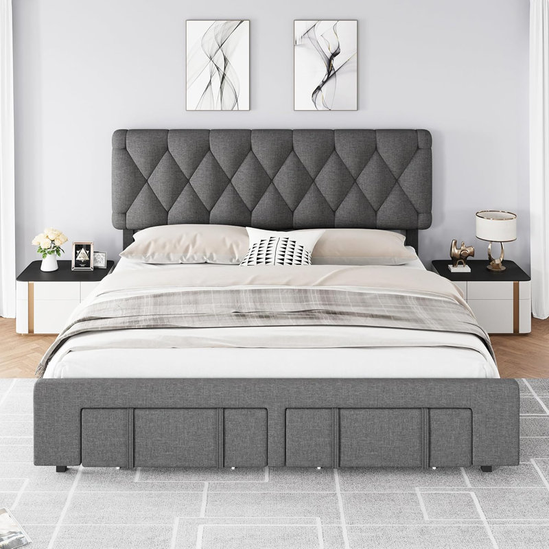 Full Storage Bed – Beige, Wooden Slats, Upholstered, Full