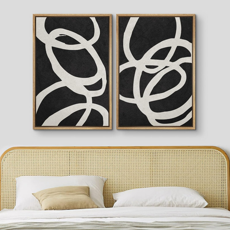 «Black White Spiral Ring Circle Collage Abstract Shapes Illustration», reproduction encadrée sur toile, 2 pièces, Naturel