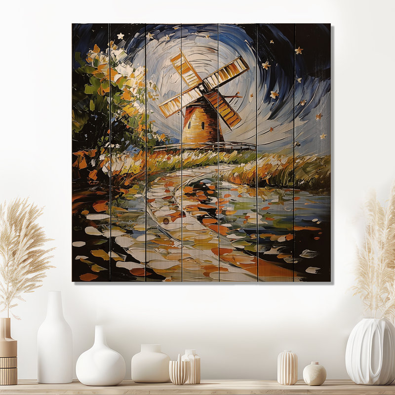 Paysage de moulin à vent par Vincent - Moulins à vent, impression sur bois orange sur bois de pin naturel, H 15 po x l 15 po