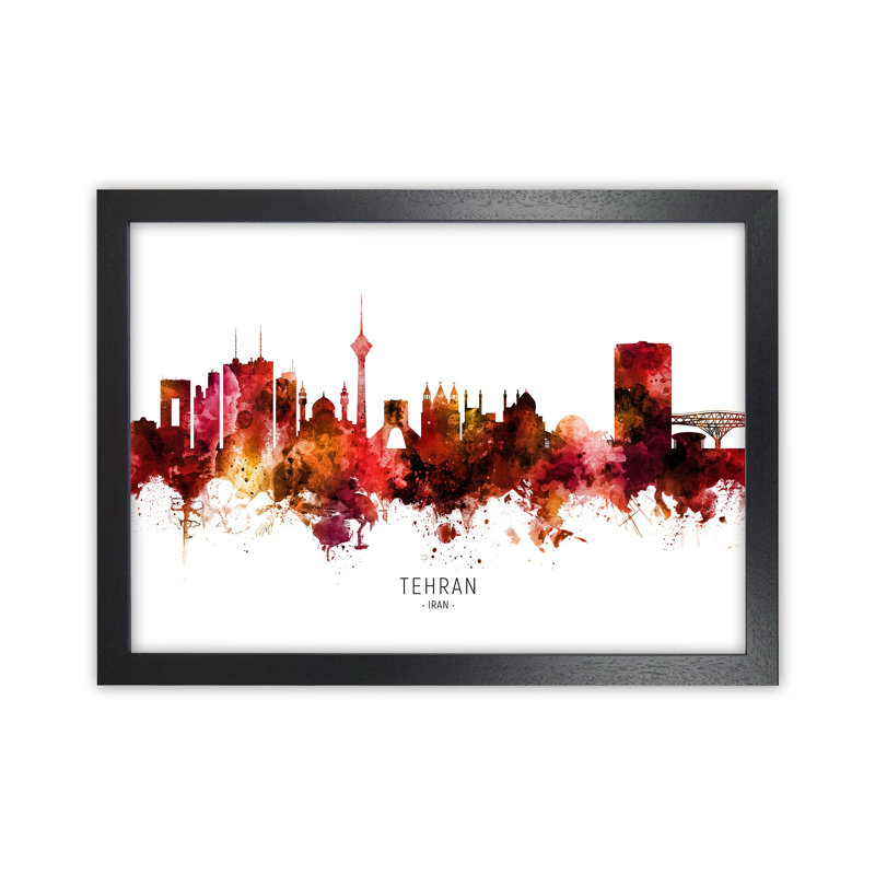 Tehran Iran Skyline Red City Name by Michael Tompsett - Print, 64cm H x 88cm W x 3cm D, Black Framed
