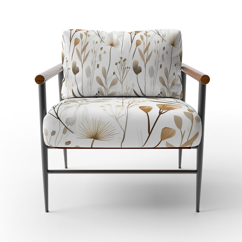 Chaise d'appoint florale - Fauteuil beige sable avec fleurs de jardin, Accoudoirs ronds