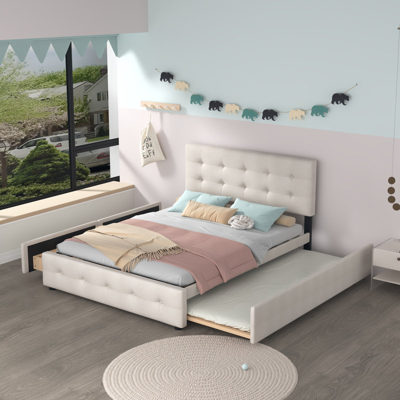 Mirre Upholstered Platform Storage Bed, Beige
