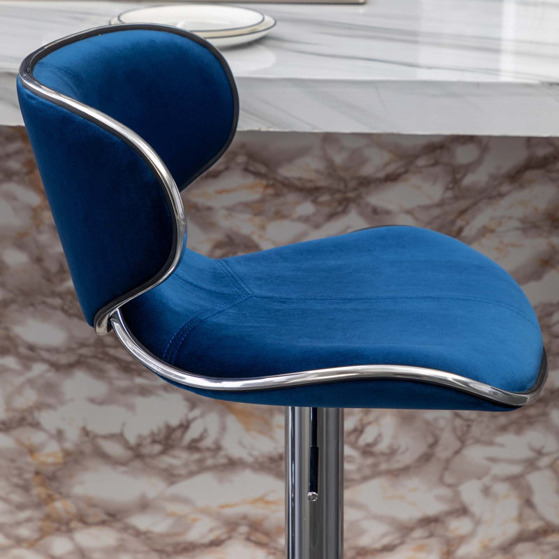 Annetra Velvet Upholstered Adjustable Swivel Barstool, Blue