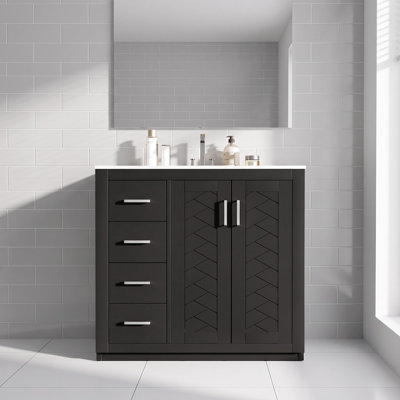 Meuble-lavabo de 36 pouces avec lavabo en céramique intégré, structure en bois massif, 3 tiroirs, portes à fermeture en douceur et rangement pour armoire - Ensemble de meuble-lavabo autoportant pour salle de bain et salle d'eau