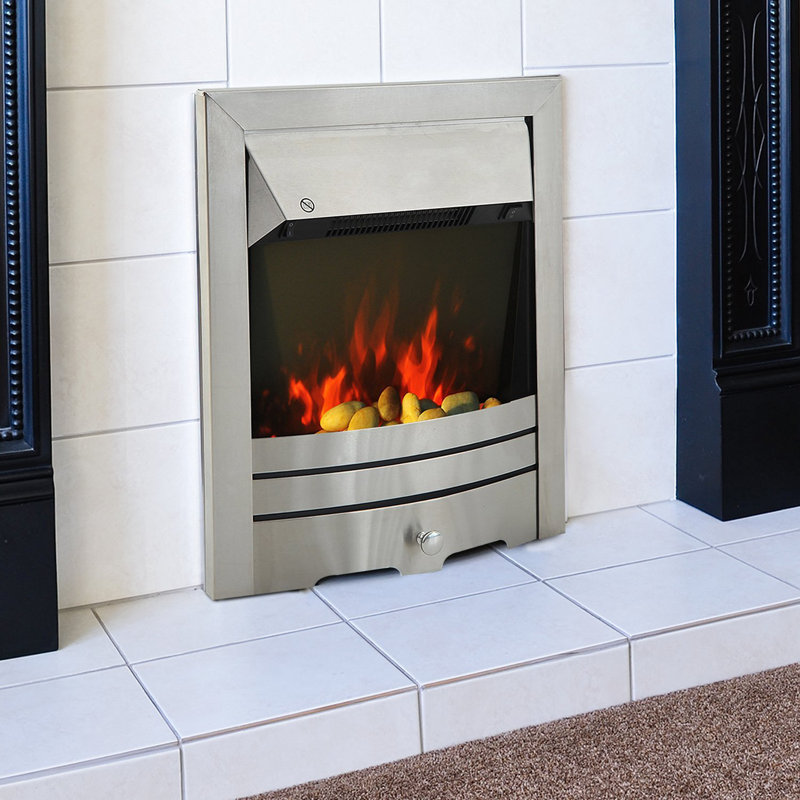 Symple Electric Fireplace Stainless Steel 2KW Heater LED Fire Flame Silver