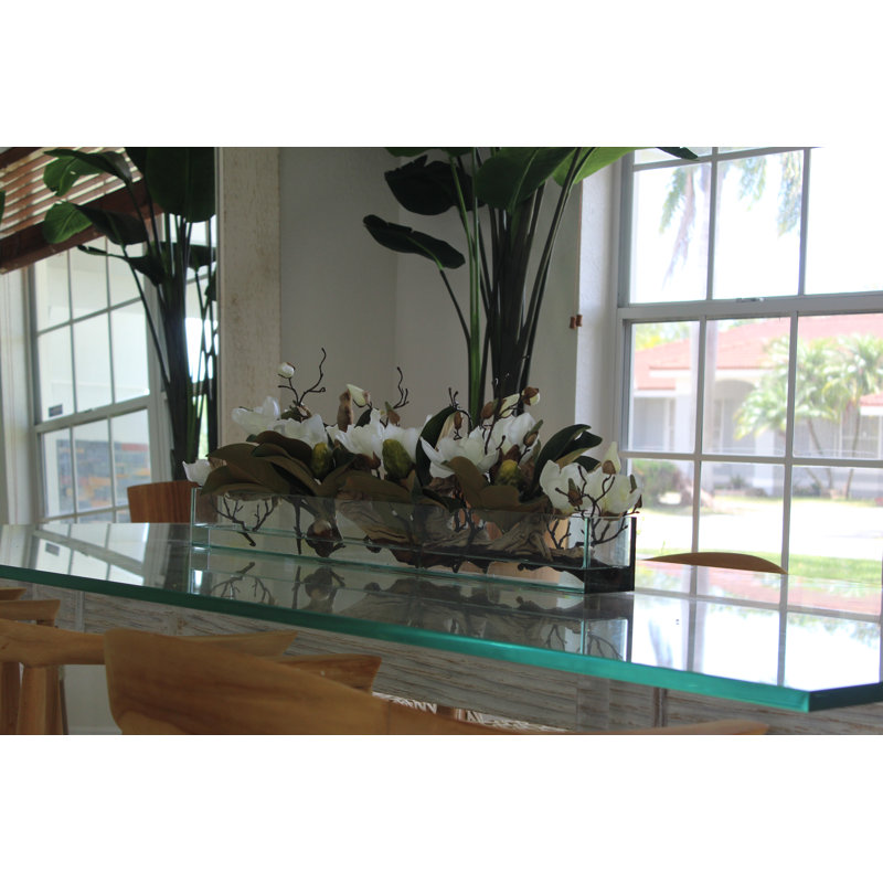 Glass Plate Magnolia Floral Arrangement And Centerpiece In Planter, 8" H x 36" W x 4" D, White