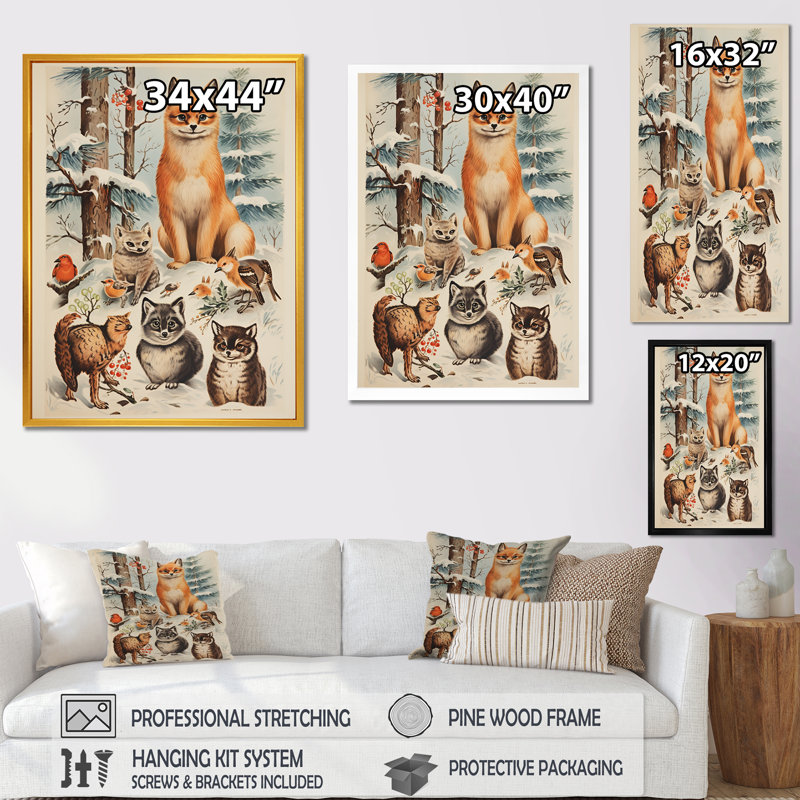 Hiver, renard avec des amis - Art mural animal, Cadre simple noir, H 32 po x l 24 po x P 1 po
