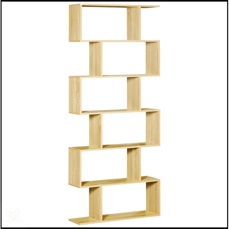 HOMCOM 75.5"H Bookcase 6 Shelf S-Shaped Bookshelf Wooden Storage Display Stand Shelf Organizer Free Standing Oak
