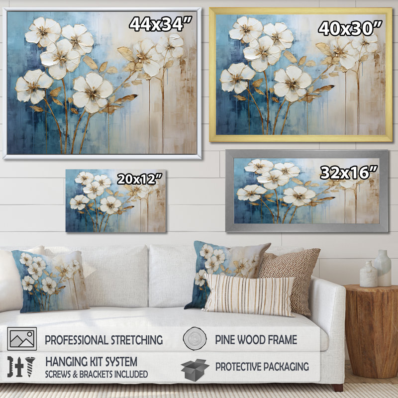 " Golden Blue Geraniums Bloom ", Black Floater Framed, 34" H x 44" W x 1.5" D