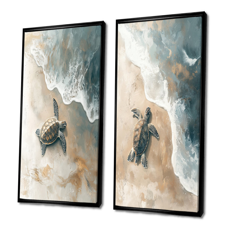 Baby Turtle Trails On The Beach I - animaux, art mural 2 panneaux, H 28 po x l 25 po, Cadre flottant noir