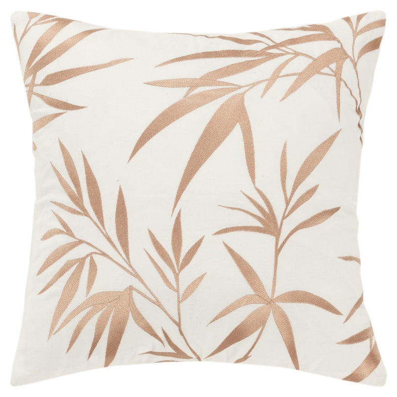 Ivory and Gold Botanical Embroidered Cotton Throw Pillow