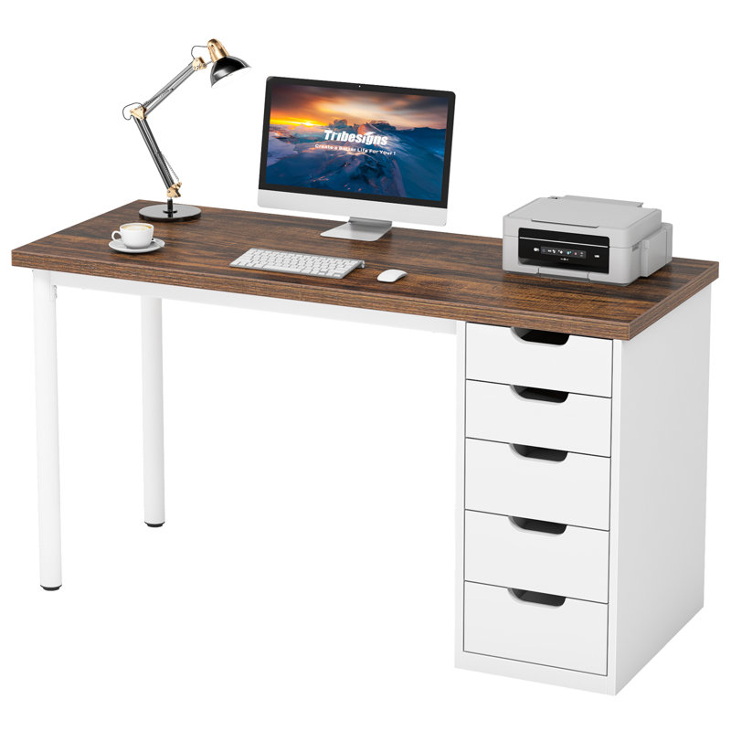 Computer Desk with 5 Drawers, Brown/White