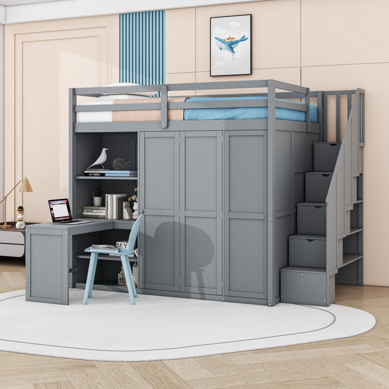 Lit mezzanine double avec bureau intégré, garde-robe et rangement, Gris