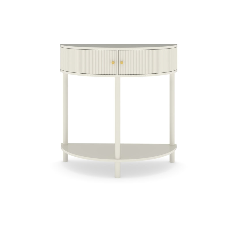 Artisan-Crafted Wave-Pattern Demi-Lune Console Table With Creamy White Finish,Unique Half Moon Design End Table With 2 Storage Drawers And Bottom Shelf For Living Room, Bedroom, Study, Hallway