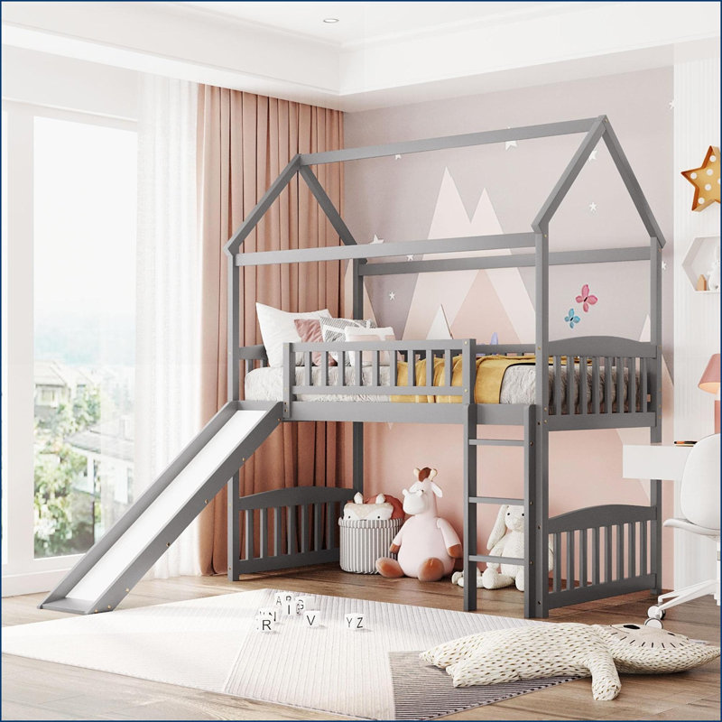Lit mezzanine simple avec glissade gris Pinewood - Structure robuste sans sommier