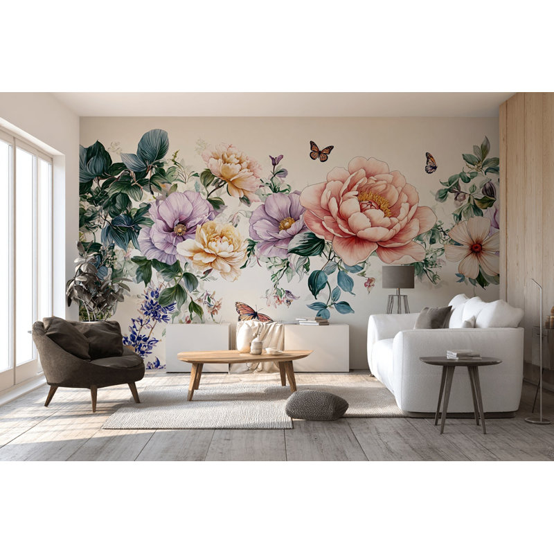 Papier peint pastel floral avec bordure papillon sur fond crème, L 75 po x l 112 po