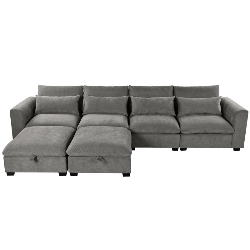 U_Style U-Shaped Freely Transformable Modular Corner Sofa With Two Ottomans, Gray Linen Blend