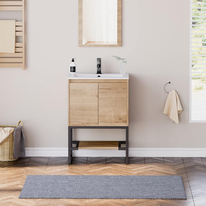 Azai 24" Modern Single Bathroom Vanity Set with Ceramic Sink Top, Open Shelf, Metal Frame, Nature