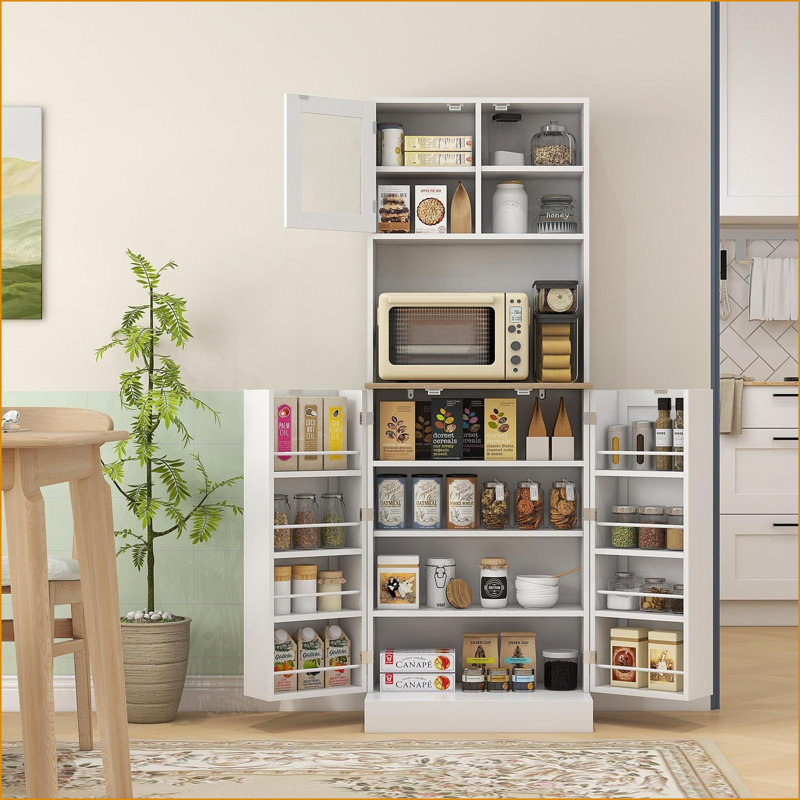 Armoire garde-manger 66,5 po avec support à micro-ondes HOMcom, 8 tablettes, blanc | Panneau de particules recouvert de mélamine | Conception anti-basculement