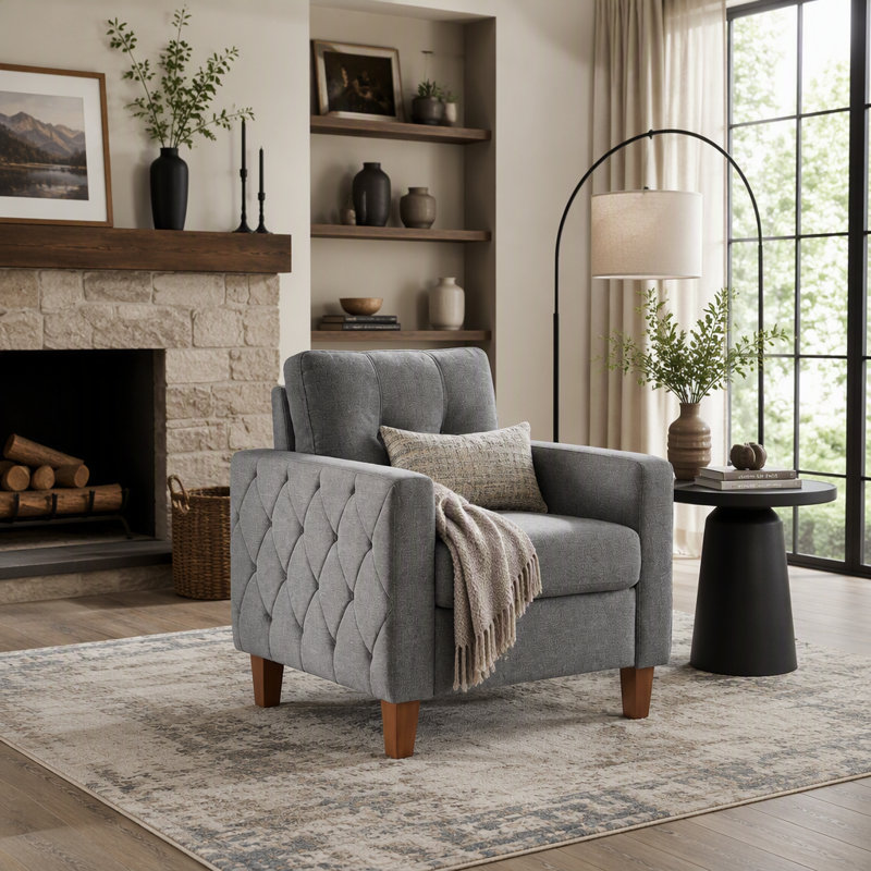Chaise rembourrée capitonnée avec accoudoirs à boutons carrés, tissu en polyester pour mobilier de salon transitionnel