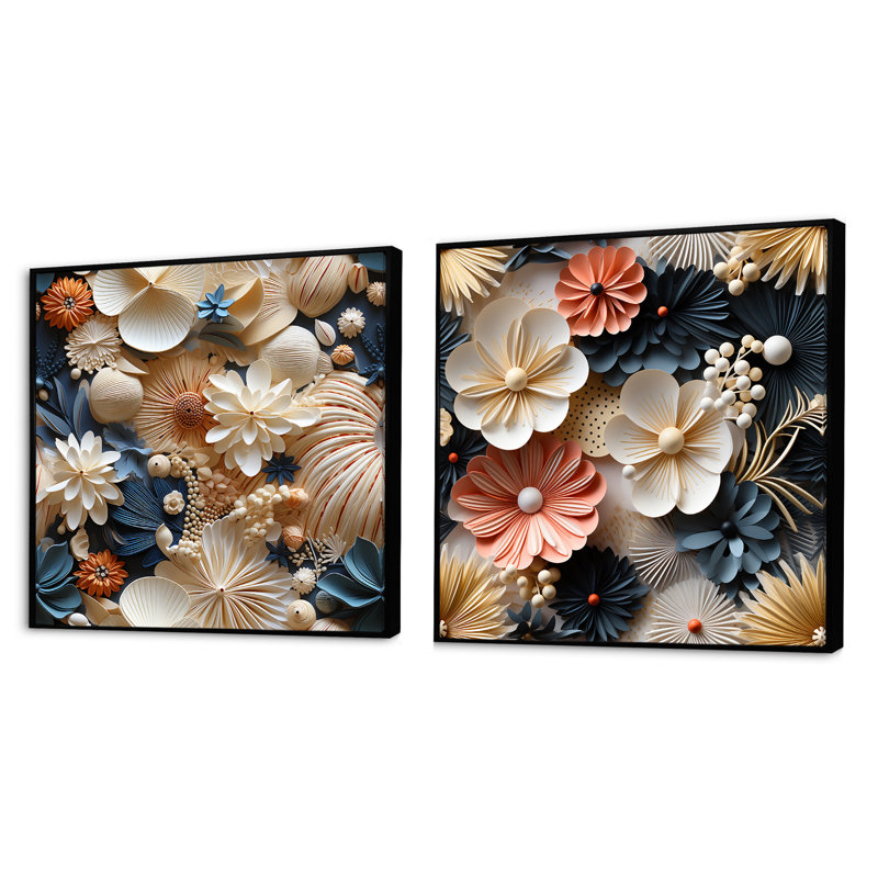 Rondeau - Ensemble de 2 collages carrés floraux, Cadre flottant noir, H 16 po x l 33 po