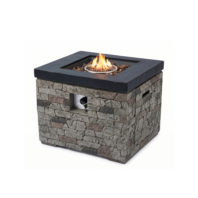 32-inch Outdoor Fire Pit Table, 40,000 BTU Propane Fire Pit, Lightweight Concrete Gas Fire Table with Lava Rocks, Burner Lid & Waterproof Cover, Rectangular Firepit for Patio Garden, Stone Look