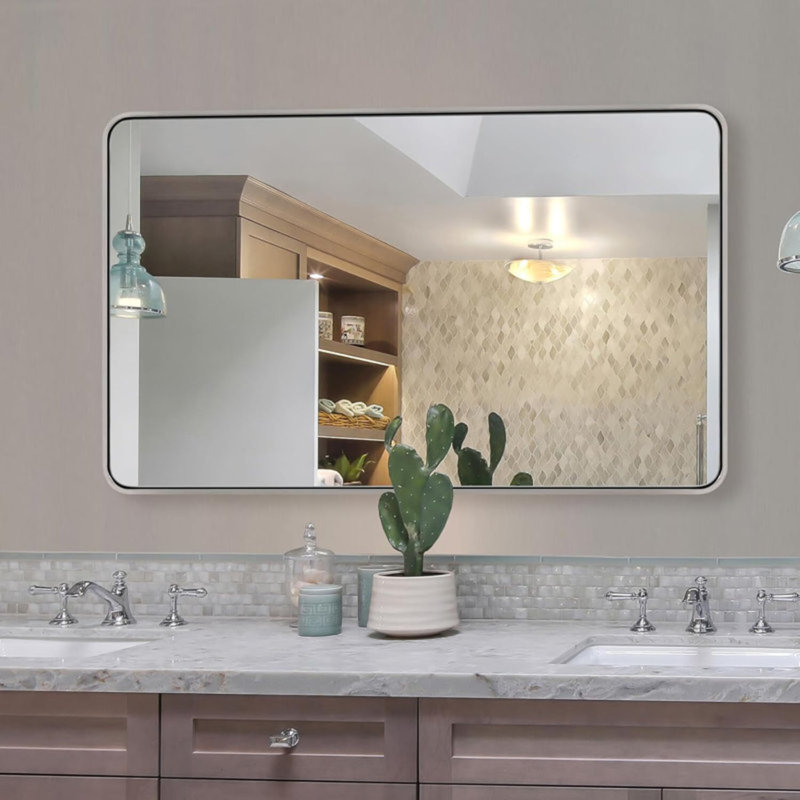 Miroir de salle de bain rectangulaire contemporain |  Cadre épais, Nickel brossé, 48 po x 30 po