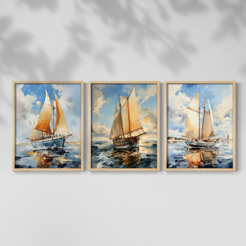 Série Sea and Shore Lxxi -Set de 3 estampes numériques giclées -Prêt à accrocher, Encadré naturel, H 14 po x l 11 po