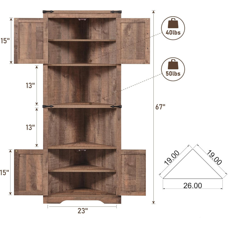 Geidy 67" Kitchen Pantry Corner Display Cabinets with Adjustable Shelves and Open Storage, Tan