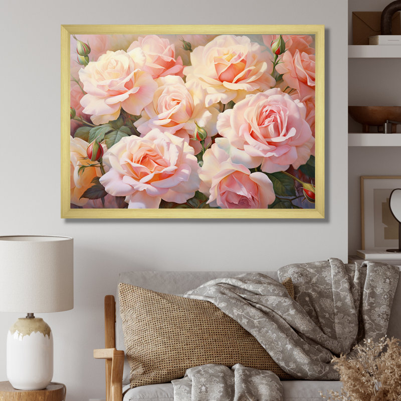 Roses roses, impression romantique - décoration murale encadrée florale, H 12 po x l 20 po x P 1 po, Cadre doré simple