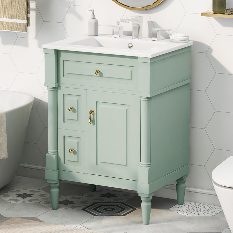 Meuble-lavabo sur pied simple 24 po avec tiroirs et tablette réglable, Vert, Doré