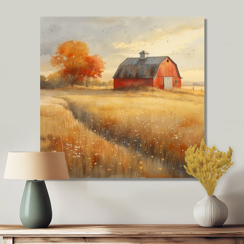 Jaune jaune brun, campagne d'automne, grange I - art mural de grange, Toile tendue, H 16 po x l 16 po x P 1 po