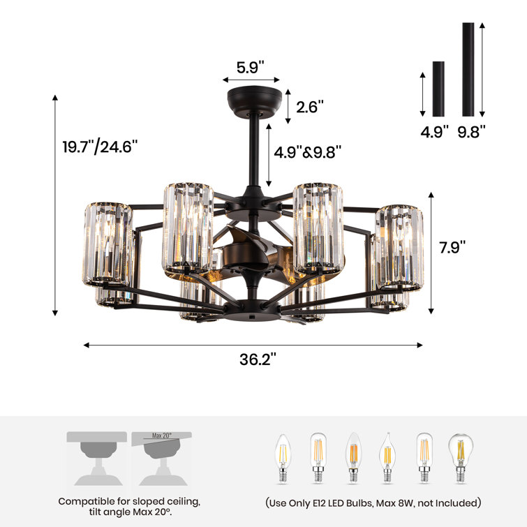 Ferris 35" 8 - Light Dimmable Crystal Ceiling Fan with Light Kit and Remote Control