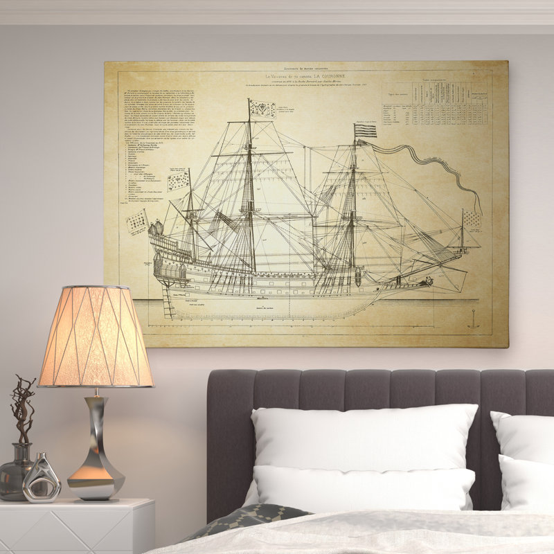 Vintage Beige Sailing Ship Sketch Canvas Wall Art