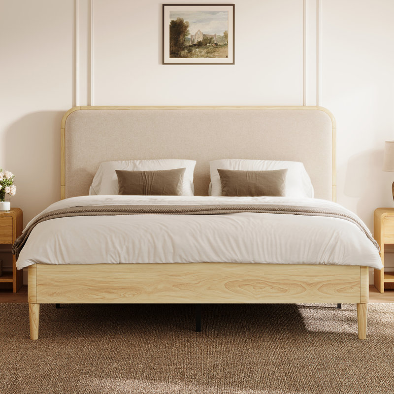 Linen Upholstered Platform Bed with Rounded Headboard and Solid Wood Legs, Kingsize (5')