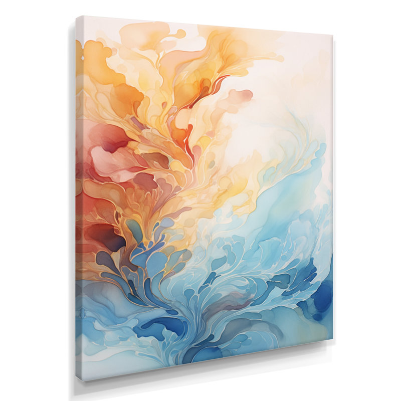 Aquarelle, nuages, dans, orange, bleu, -, encre liquide, abstrait, art mural, salon, Toile tendue, H 32 po x l 24 po