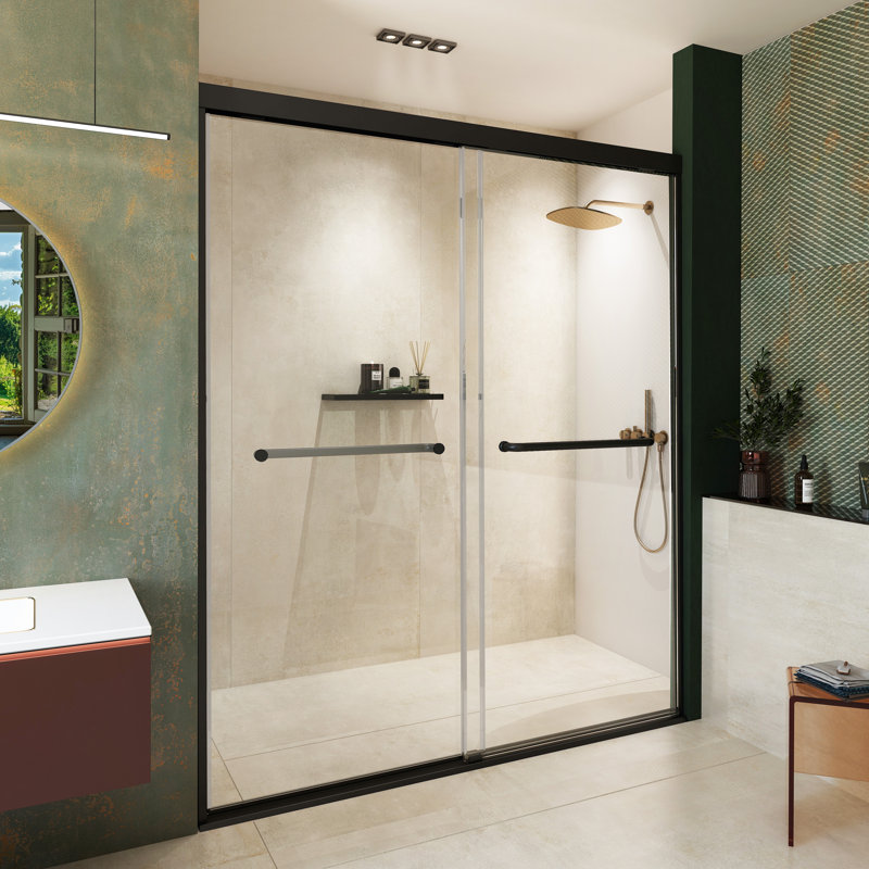  Porte de douche coulissante moderne de 51 à 54 po x H 72 po, verre trempé de 1/4 po (6 mm), cadre en aluminium noir mat