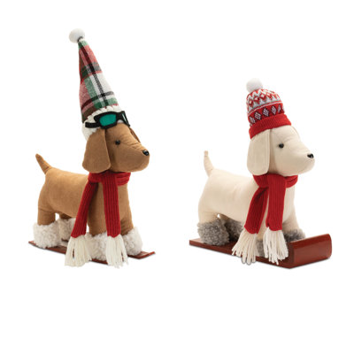 Personnage de chien en peluche sur traîneau et skis (ensemble de 2)