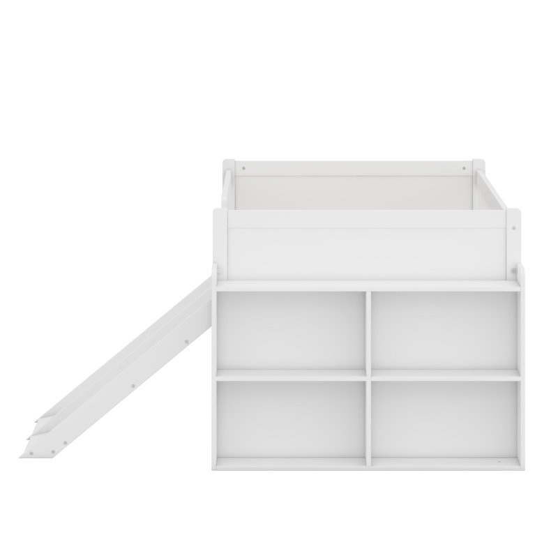 Structure de lit multifonctionnelle avec tablette de rangement, glissoire et échelle, lit plateforme avec garde-corps, assemblage simple