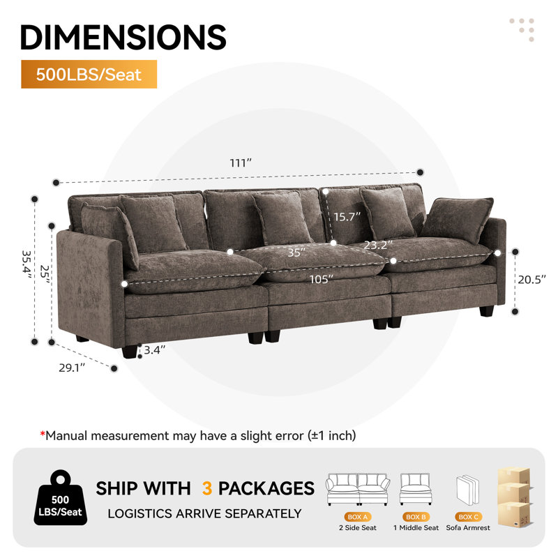 Chenille Upholstered Modular Sectional Sofa Couch with Cloud Deep Seat, Brown, 3-Seater
