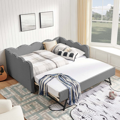 Lit de jour en vichy double avec couchette simple sans sommier, avec port USB et adorable tissu en forme de vague