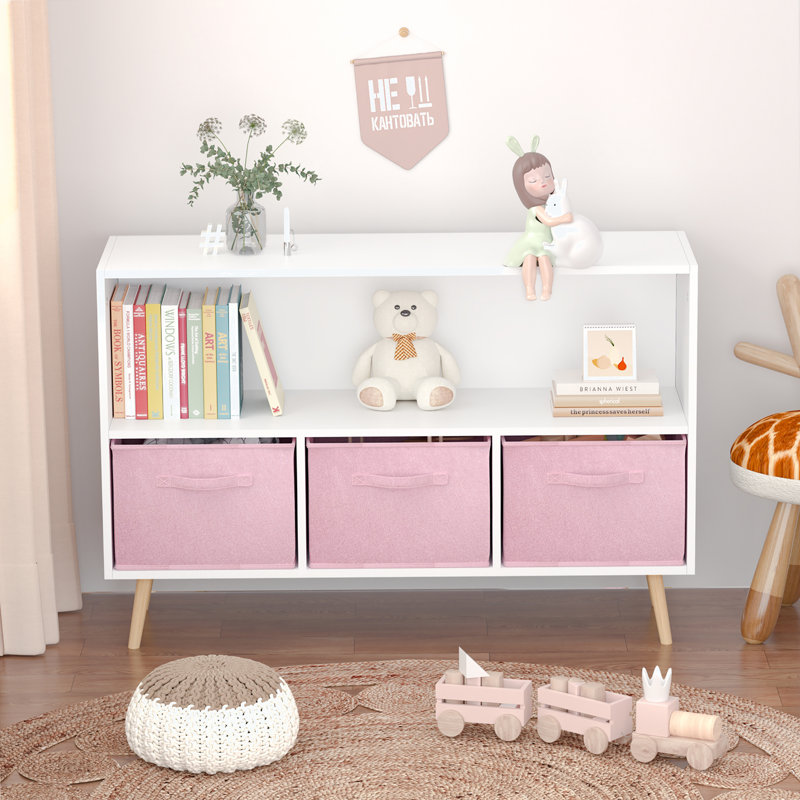 Bibliothèque pour enfants avec tiroirs pliables en tissu Boîte à jouets, Blanc / rose