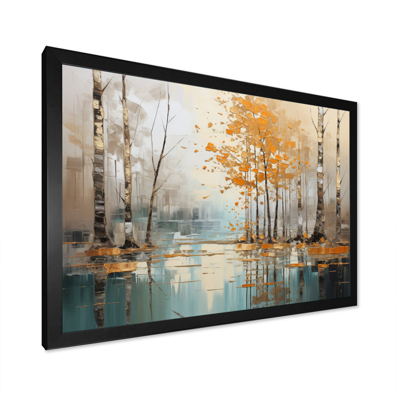 «Birch Woods Golden Reflections I - Tree Birch», art mural encadré, H 16 po x l 32 po x P 1 po, Cadre simple noir