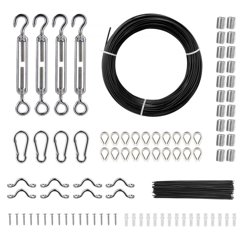 Ensemble de câbles métalliques revêtus de vinyle, câble 3/32 à travers 1/16 de diamètre en acier inoxydable, construction de 7 x 7 brins avec 189 accessoires pour guirlandes lumineuses, corde à linge, vigne, noir de 164 pi