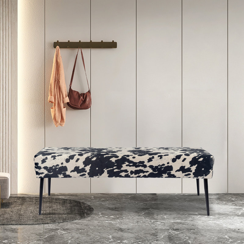Modern Cowhide Pattern Upholstered Entryway Accent Bench, Black