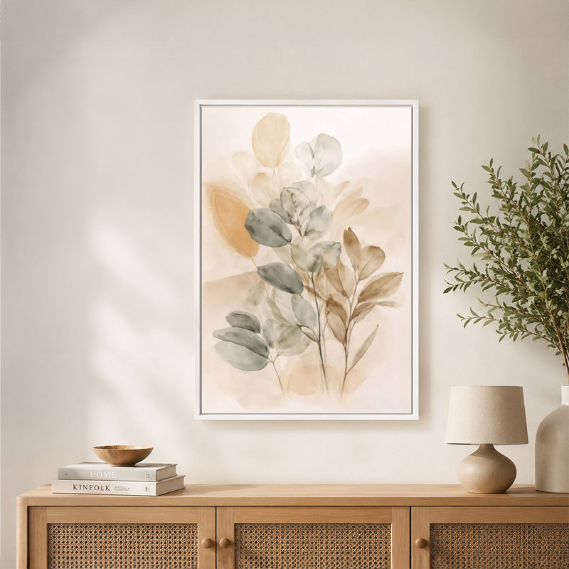 Art mural sur toile de feuilles botaniques avec cadre flottant, prêt à être suspendu, 16 x 24 po, Beige