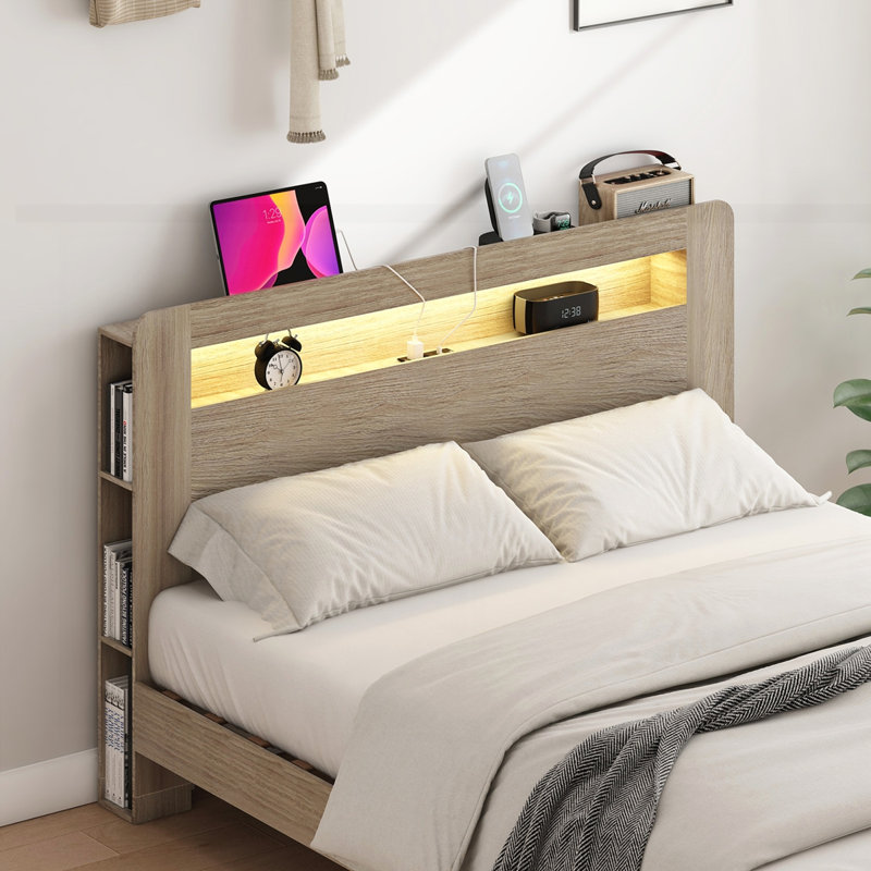 Structure de lit plateforme en bois avec tête de lit à DEL avec rangement et 2 ports USB, Très grand