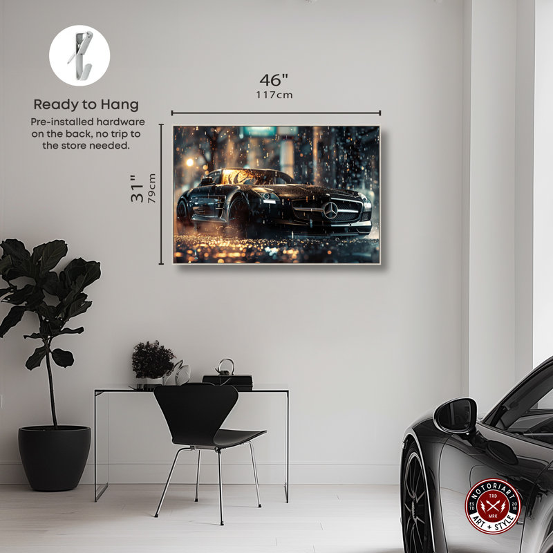 «Car In The Rain Sport Car Man Cave» par Notoriart, Cadre argenté, H 31 po x l 46 po